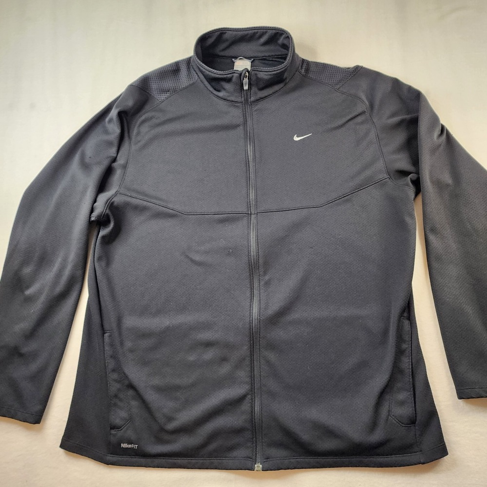 Nike Fit Dry Full Zip Mens XXL Black Jacket‎ Athletic Embroidered Swoosh Pockets
